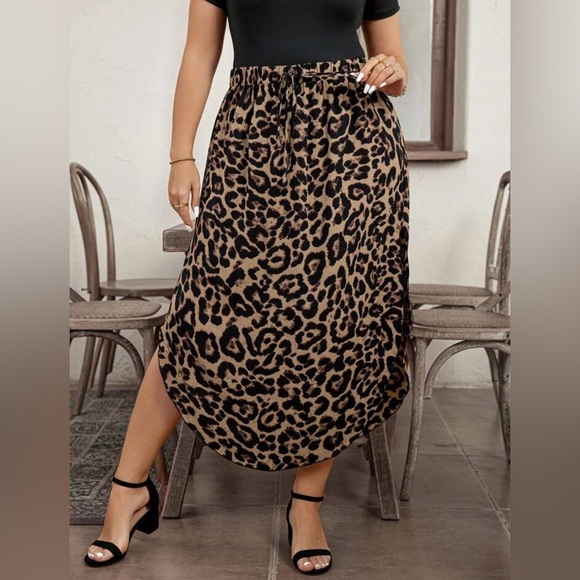 Drawstring Waist Leopard Print Slit Hem Chic Flared Skirt size 1XL - Picture 2 of 6